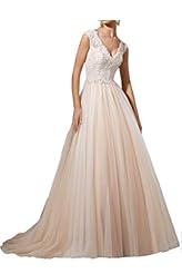 V-neck Spaghetti Strap  Lace Applique Vintage Natural   Waistline  Ball Gown  Dress