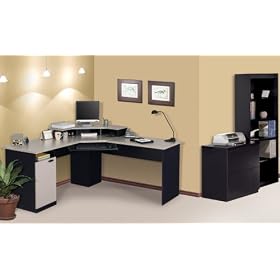 Corner Work Station, Lateral File and Bookcase Set in Sand Granite and Charcoal - Hampton...
