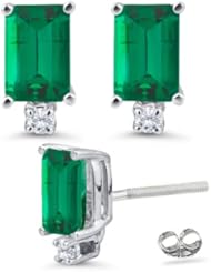 0.04 Cts Diamond & 0.36 Cts Emerald Earrings in 14K White Gold