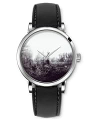 SPRAWL Aanalog Fashion Series Silver Ladies Watches of Genuine Black Leather Strap,Unique Wrist Watch for Women Girls Designed with forest Solo