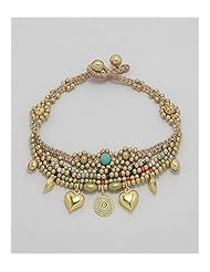 Cotton Waxed Thread Turquoise Anklet In Brass