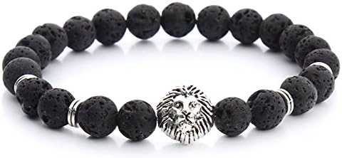 RoseSummer New Fashion Men's Black Lava Stone Gold/Sliver Lion Beaded Charm Bracelet