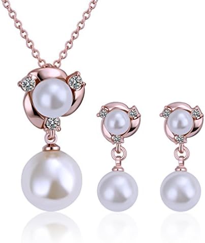 Lefinis 18K Rose Gold Plated Crystal Jewellery Sets Pearl Necklace, Earrings Set