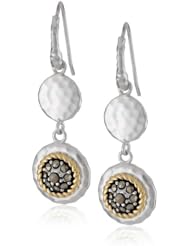 18k Yellow Gold Plated Sterling Silver Two-Tone Marcasite Hammered Twisted Round Dangle Earrings