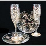 Celebration Design - Hand Painted - Toasting Flutes - 6 oz. & 7 inch Cake Plates