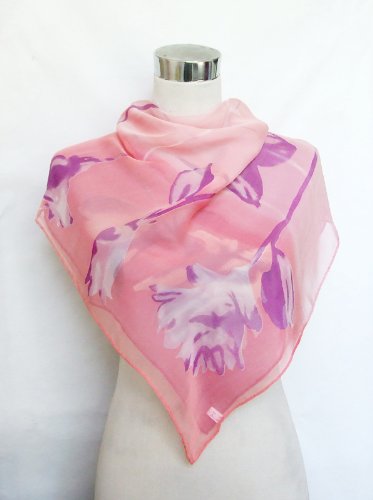 Georgette Hand Sewn Purple Floral Print on Soft Pink - Silk Square Scarf 34 x 34
