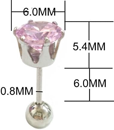 Pair of 20g Stainless Steel Pin 6mm Round Cubic Zirconia Helix Cartilage Tragus Ear Lobe Barbell Stud Earrings(6mm Round Pink)
