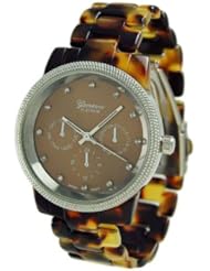 Geneva Womens Designer Inspired Chronograph Style Acrylic Resin Shell Watch in Tortoise and Silver Tone