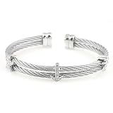 Choice of Stainless Steel Grey, Black or Yellow Cable w/ Sterling Silver Palmtree, Anchor & Starfish Design Bangle Cuff Bracelet (0.05 cttw, I color, I2 clarity)