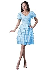 V-neck Knee Length Chiffon/Satin Tiered Ruched Lace-Up Evening Dress/Homecoming Dress/Bridesmaid Dress/Prom Dress 