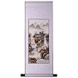 Handmade Asian Wall Art Scroll Painting On Textured White Brocade - Mountain Waterfall Temple