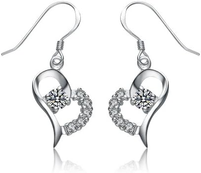 LiuananTM Women Sterling Silver CZ Crystal Dangle Heart Earrings