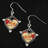 Silvertone Antique Heart Santa Clause Earrings
