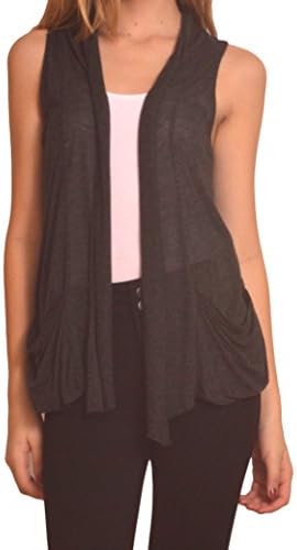 Women's Sleeveless Light Weight Long Flyaway Flowy Cardigan With Pockets (Small, Charcoal)