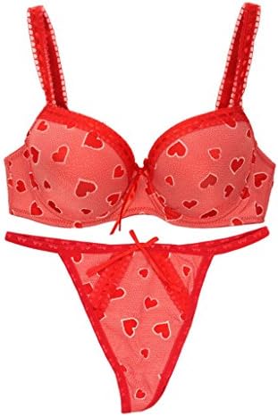 Dynashape Women's Sweet Heart Push-up Bra-Thongs Set - Red 34B