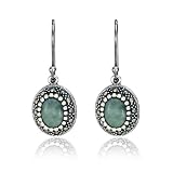 Sterling Silver Marcasite and Jade Oval Drop Wire Earrings