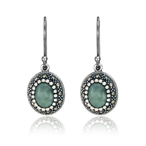 Sterling Silver Marcasite and Jade Oval Drop Wire Earrings