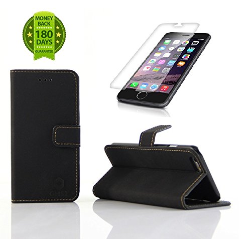 iPhone 6, 4.7 inch Leather Case Wallet cover / Wallet S - Premium STAND Flip Cover - with Built in Media Stand Feature, ID Credit Card / Cash and Inner Pocket Slots (GHS2®) Ultra Slim Protective + Screen Protector (Black)
