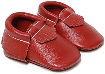 SnuggleRoo Leather Baby Moccasins Soft Sole Slip on Shoes with Stylish Fringe Handmade for Infants, Toddlers, Kids (US 5.5M, Red)