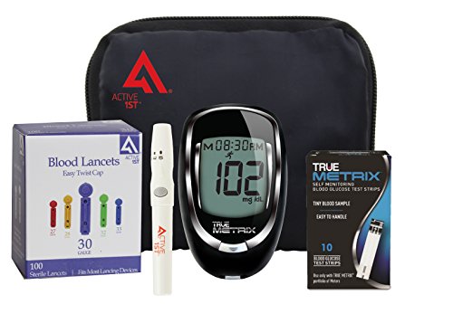 Active1st TrueMetrix Complete Diabetic Blood Glucose Testing Kit, 10 Test Strips, 100 Lancets, Adjustable Lancing Device, Owners Log Book & Manual