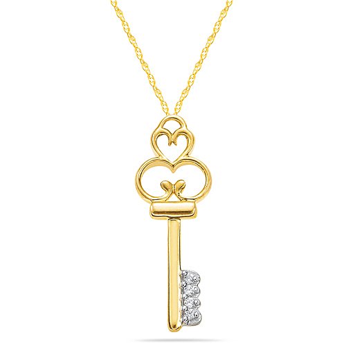 10k Yellow Gold Diamond Antique Key Pendant (.03 cttw, I-J Color, I2-I3 Clarity), 18″