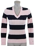 Tommy Hilfiger Womens Cable Knit Striped Cotton Logo Sweater - L - Pink/Navy Blue