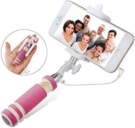 Mini Pocket Wired Selfie Stick Self-portrait Monopod with Adjustable Holder free-Charge No need Bluetooth pairing for LG G4 G3 Iphone Samsung (Pink)