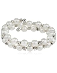 Roman Bride Simulated White Pearl and Crystal Coil Bracelet, 7"