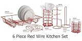 6 PIECE RED WIRE KITCHEN DRAINER, UTENSIL HOLDER SET