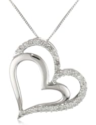 10k White Gold Diamond Fashion Double Heart Pendant Necklace (1/5 cttw, H-I Color, I2 Clarity), 18"