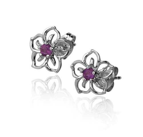 Sterling Silver Open Flower Earrings w/ Amethyst Accent