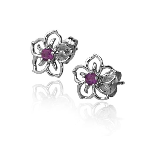 Sterling Silver Open Flower Earrings w/ Amethyst Accent