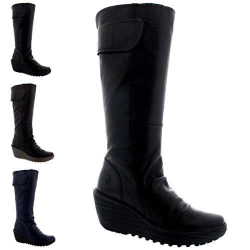 Womens Fly London Yulo Wedge Heel Leather Fashion Knee High Winter Boots