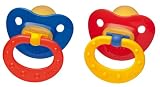 NUK 10172003 - Latex Beruhigungssauger (Schnuller) Tropic mit Ring, Größe 2 (6-18 Monate), kiefergerecht, BPA-frei, 2 Stück, Farbe nicht frei wählbar