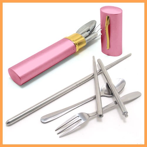 (Price/4 Sets)Pink, Portable Stainless Steel Dishware, Chopsticks Spoon Fork