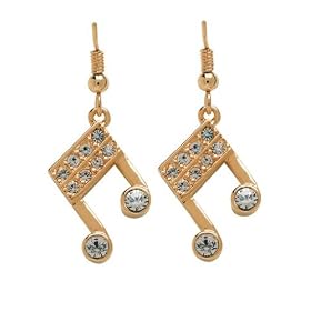 Gold Double 16th Note Dangle Earrings with Crystal accents