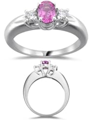 0.25 Cts Diamond & 0.50 Cts Pink Sapphire Three Stone Ring in 18K White Gold