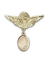 14K Gold Baby Badge with St. Hildegard Von Bingen Charm and Angel with Wings Badge Pin