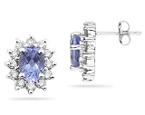 7X5mm Oval Shaped Tanzanite and Diamond Flower Earrings in 14k White Gold