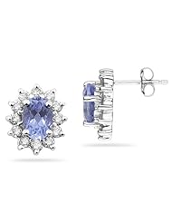 7X5mm Oval Shaped Tanzanite and Diamond Flower Earrings in 14k White Gold