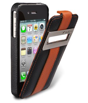 Melkco - Apple iPhone 4s / iPhone 4 Ultra Slim Handmade Premium Genuine Cowhide Leather Case Limited Edition Jacka ID Flip Top Type Black / Orange