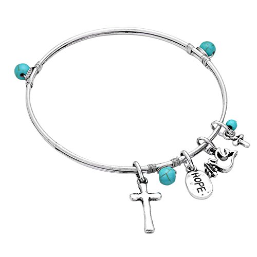 Turquoise Pearl Hope Peace Dove and Cross Charm Wire Bangle Bracelet