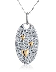 Sterling Silver Two-Tone Rhodium and Yellow Gold Plated Heart and Crystal Chain Pendant Necklace, 18"