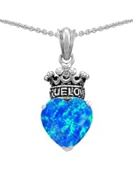 Genuine TRUE LOVE (tm) 925 Sterling Silver Created Blue Opal Heart With Crown Pendant