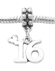 Sterling Silver Sweet 16 with Heart Dangle Bead Charm