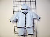 Cpk601, Knitted on Hand Knitting Machine Blue Cotton Trimmed By Hand Crochet with Dark Brown Chenille Boys Cardigan Pant Hat Set and Trimmed with Antique Brass Teddy Bear Buttons
