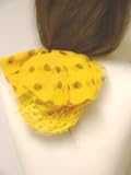 Hand Crocheted Yellow Rayon Cotton Gimp Dress Snood with Black Polka Dot Chiffon Bow Mounted on French Clip