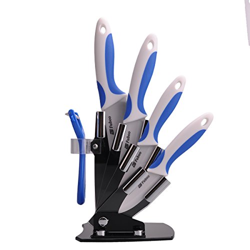 Fuboo Ceramic Knife Set 6 Colors Can Be Choosed --Include a Peeler, a 3" Pairing Knife,a 4" Slicing Knife, a 5" Santoku Knife, a 6" Chef Knife and an Acrylic Knife Block Holder(blue)