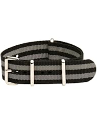20mm Classic SS Nylon Striped Black / Grey - Easily Interchangeable Replacement Military Watch Band / Strap - Fits All Watches!!!