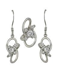 Sterling Silver Plain Lines with Round Clear Cubic Zirconia Earring and Pendant Set 16 inches chain